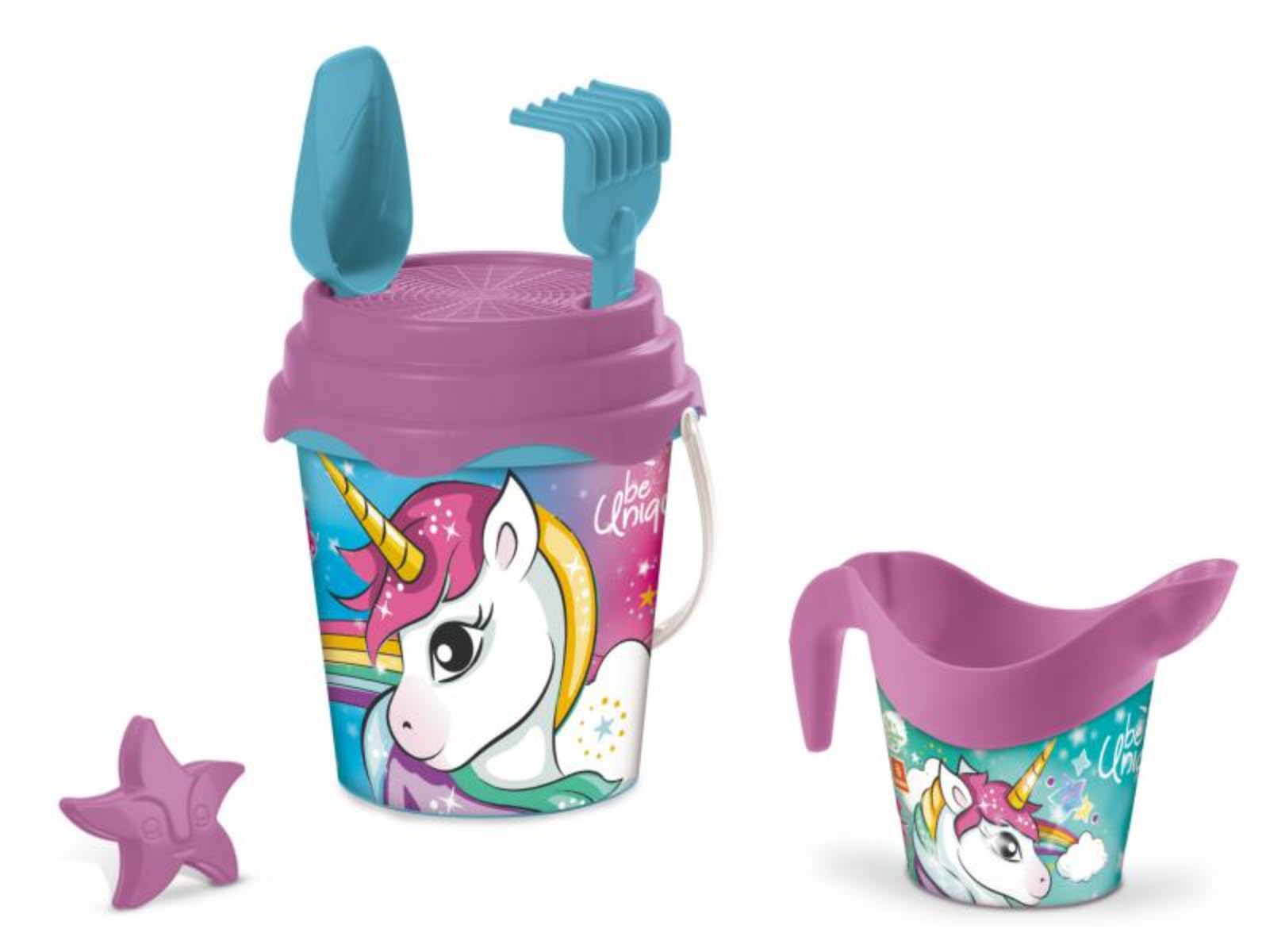 Mondo Toys - BUCKET SET + WATER CAN UNICORN - Sandeimer Set ø17 cm mit Giesser - 6-Teiliges Strandspielzeug Set für Kinder ab 3 Jahren, Strandset - 28534