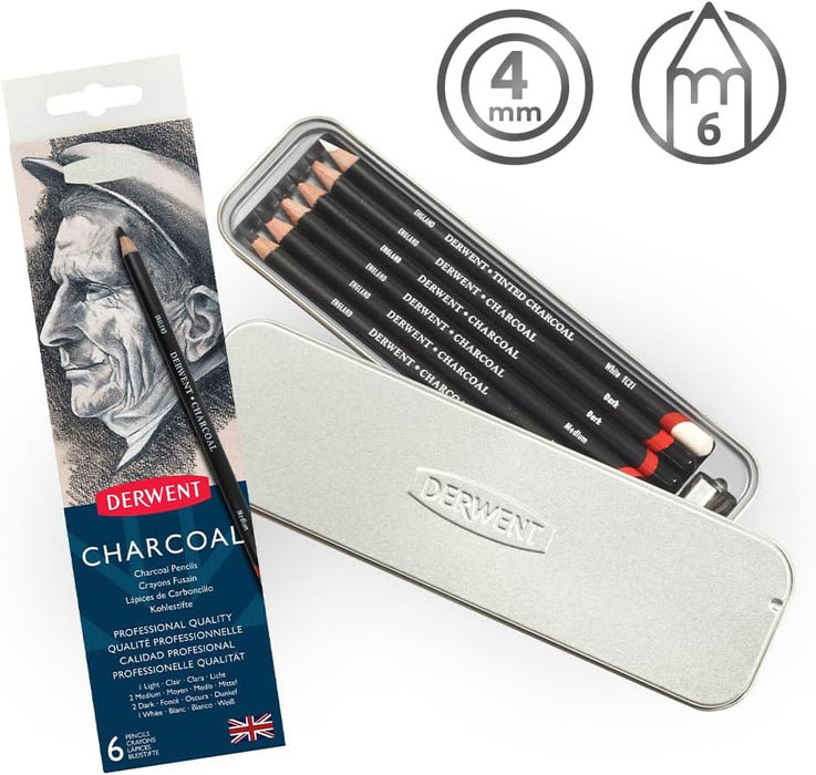 Derwent Houtskool Drawing Potloden, Tekenen en Schrijven, Set van 6 met Puntenslijper, Licht, Medium, Donker en Getint Houtskool Wit, Ideaal voor Mengen en Vervagen, Professionele Kwaliteit, 0700838
