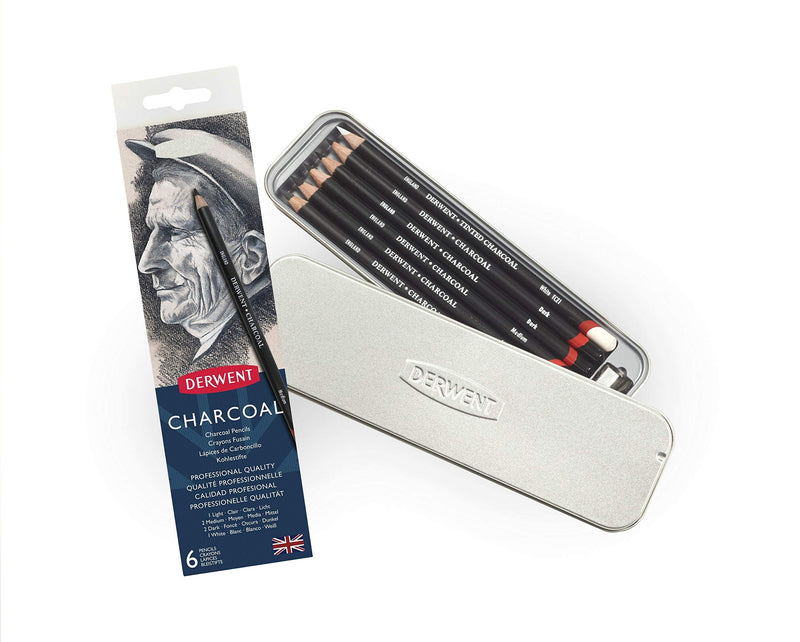 Derwent Houtskool Drawing Potloden, Tekenen en Schrijven, Set van 6 met Puntenslijper, Licht, Medium, Donker en Getint Houtskool Wit, Ideaal voor Mengen en Vervagen, Professionele Kwaliteit, 0700838