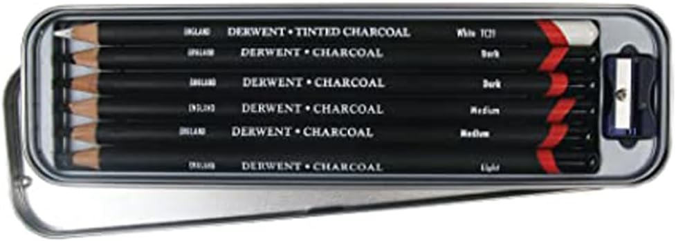 Derwent Houtskool Drawing Potloden, Tekenen en Schrijven, Set van 6 met Puntenslijper, Licht, Medium, Donker en Getint Houtskool Wit, Ideaal voor Mengen en Vervagen, Professionele Kwaliteit, 0700838