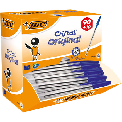 BIC Cristal Original Comfortable Ballpoint Pens - Value Pack of 100 - Blue Colour- Medium Point (1.0 mm