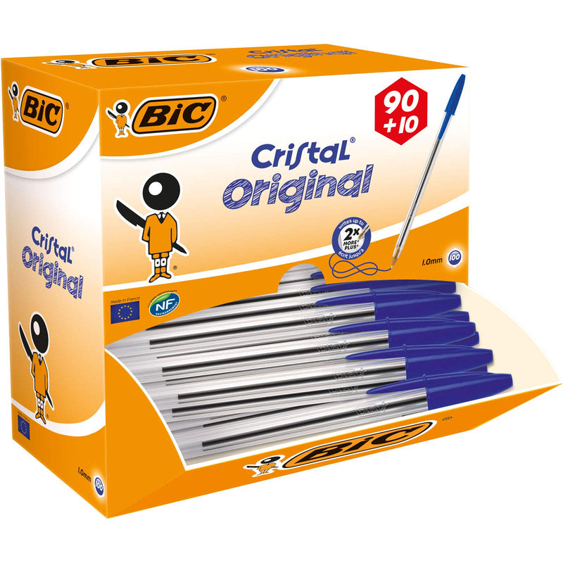 BIC Cristal Original Comfortable Ballpoint Pens - Value Pack of 100 - Blue Colour- Medium Point (1.0 mm