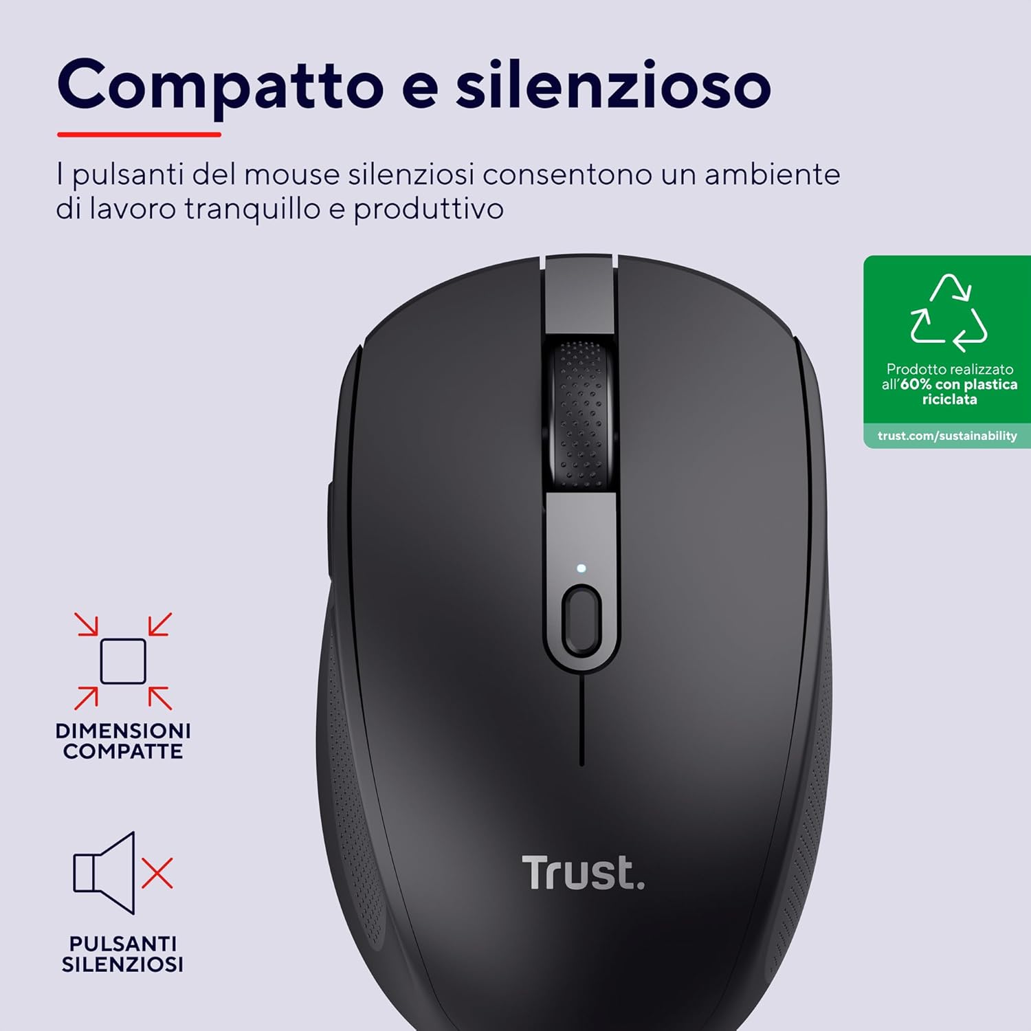 Trust Ozaa Mouse Wireless Bluetooth + 2.4GHz, Mouse senza Fili Silenzioso Compatto, 60% Plastica Riciclata, Mouse Bluetooth Ricaricabile Laptop PC Computer Windows Android Mac - Nero