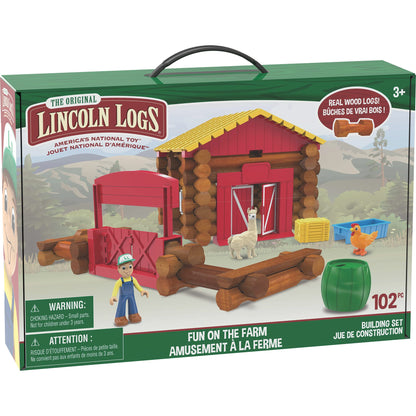 Lincoln Logs | Fun on the Farm Building Set | 100+ Piece Learning Engineering Kit for Kids, Real Wood, Toys for Children Ages 3+ | Basic Fun 00858