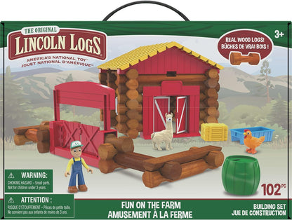Lincoln Logs | Fun on the Farm Building Set | 100+ Piece Learning Engineering Kit for Kids, Real Wood, Toys for Children Ages 3+ | Basic Fun 00858