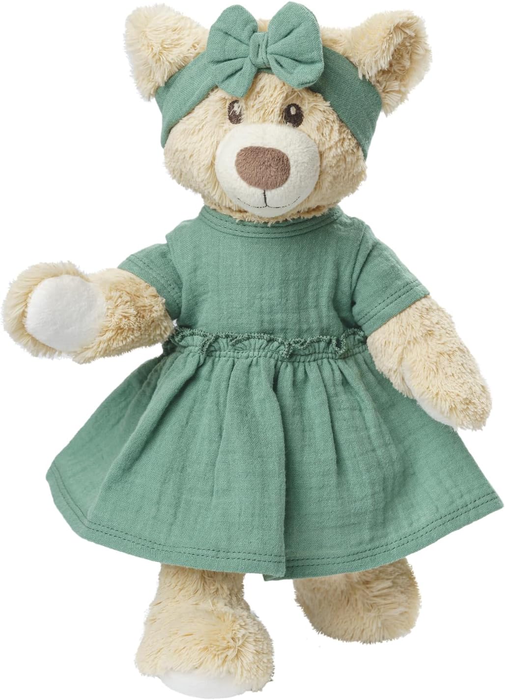 Heless 1424-Ropa algodón 100% orgánico, Juego de 2 Piezas con Vestido y Cinta para el Pelo en Verde Salvia para muñecas y Peluches de tamaño 28-35 cm, Color Green (1424