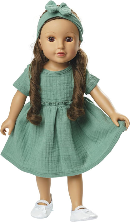 Heless 1424-Ropa algodón 100% orgánico, Juego de 2 Piezas con Vestido y Cinta para el Pelo en Verde Salvia para muñecas y Peluches de tamaño 28-35 cm, Color Green (1424