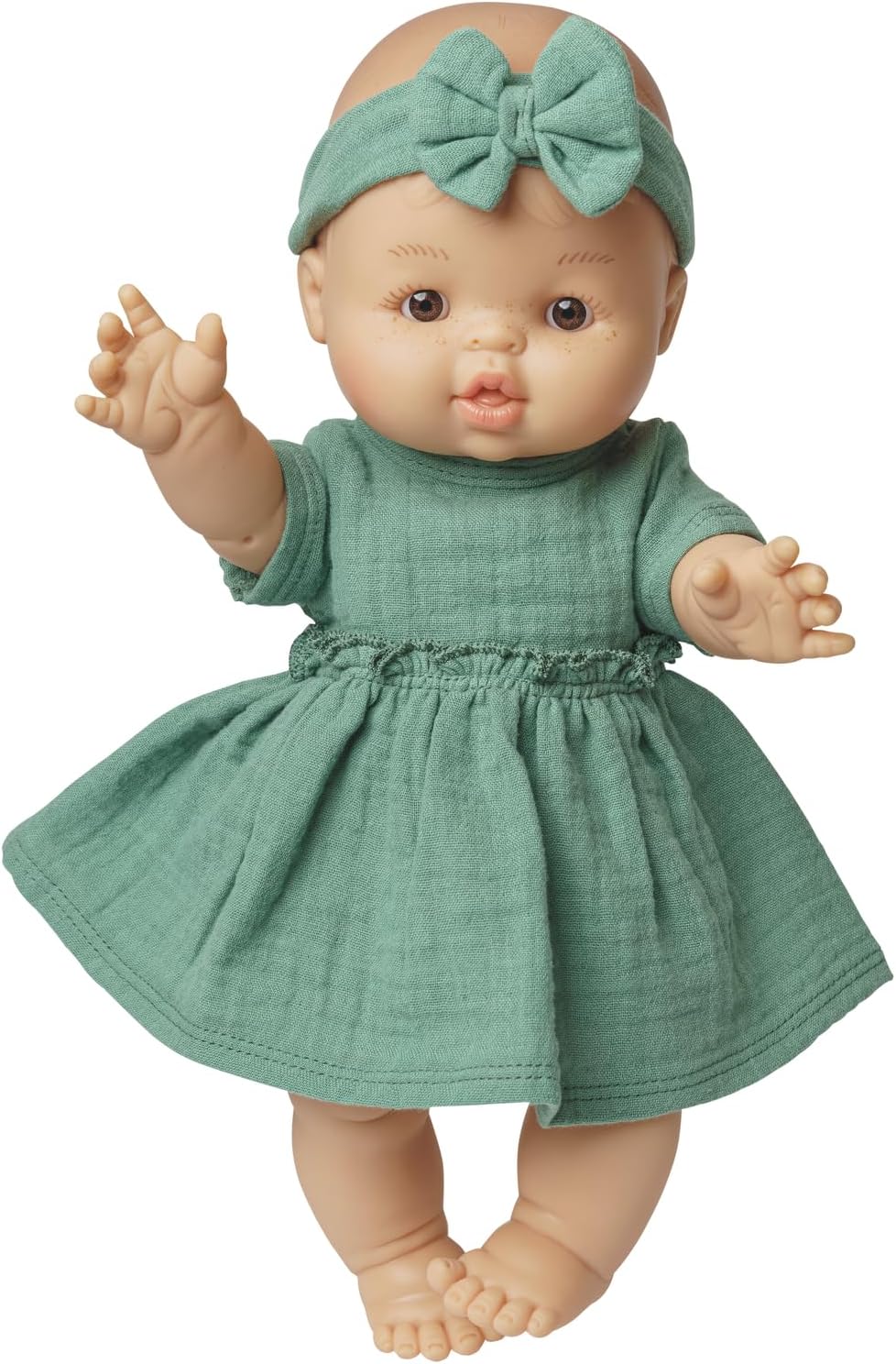 Heless 1424-Ropa algodón 100% orgánico, Juego de 2 Piezas con Vestido y Cinta para el Pelo en Verde Salvia para muñecas y Peluches de tamaño 28-35 cm, Color Green (1424
