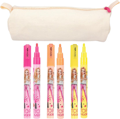Depesche TOPModel 12093 Colour Your Pencil Case Beige Personalised with 3 Neon Markers to Paint