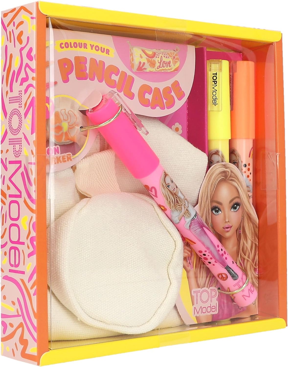 Depesche TOPModel 12093 Colour Your Pencil Case Beige Personalised with 3 Neon Markers to Paint