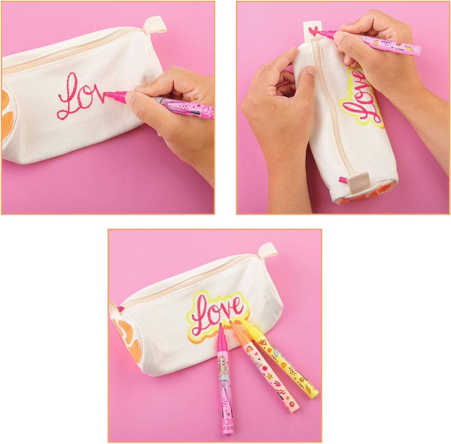 Depesche TOPModel 12093 Colour Your Pencil Case Beige Personalised with 3 Neon Markers to Paint