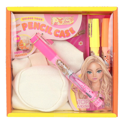 Depesche TOPModel 12093 Colour Your Pencil Case Beige Personalised with 3 Neon Markers to Paint