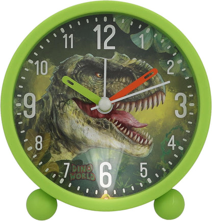 Depesche 12691 World Children's Alarm Green with Dino Motif, Silent Clock with Light Function, Battery Included, Multicoloured