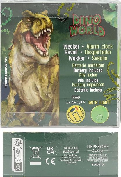 Depesche 12691 World Children's Alarm Green with Dino Motif, Silent Clock with Light Function, Battery Included, Multicoloured