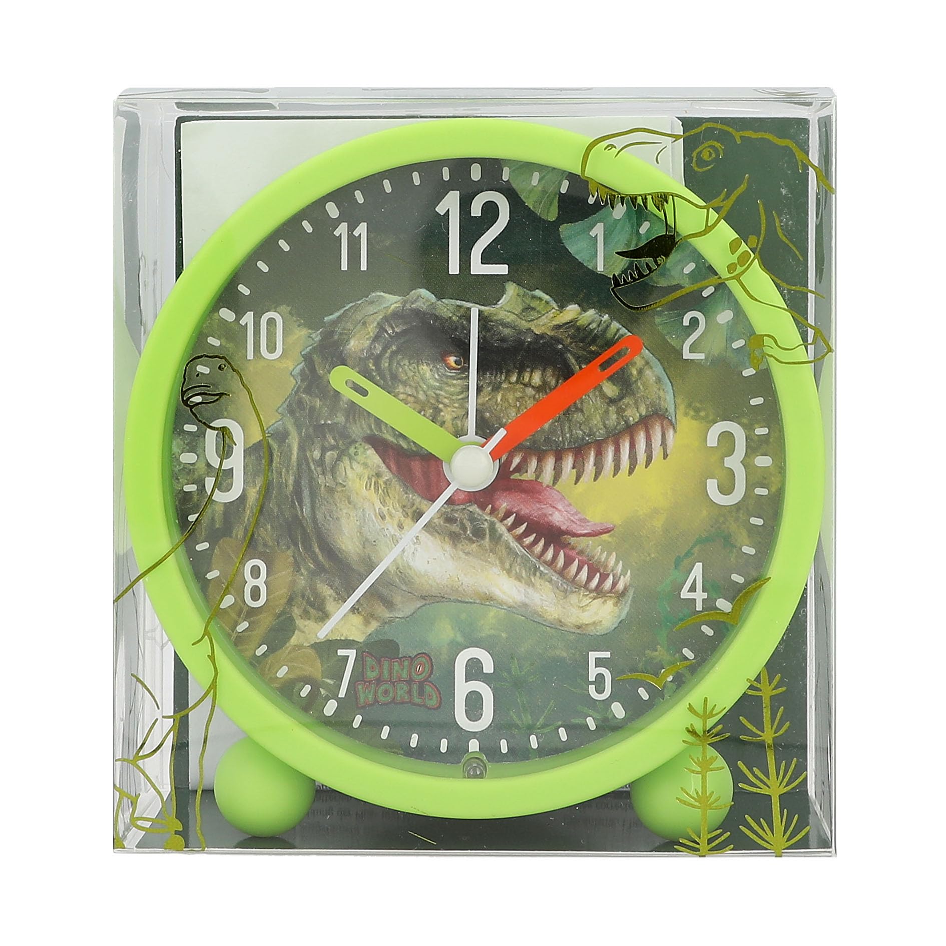 Depesche 12691 World Children's Alarm Green with Dino Motif, Silent Clock with Light Function, Battery Included, Multicoloured