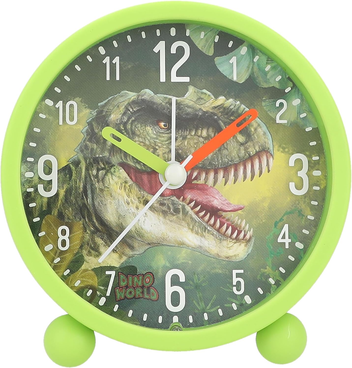 Depesche 12691 World Children's Alarm Green with Dino Motif, Silent Clock with Light Function, Battery Included, Multicoloured