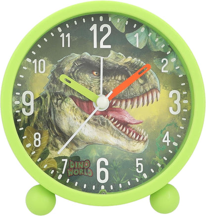 Depesche 12691 World Children's Alarm Green with Dino Motif, Silent Clock with Light Function, Battery Included, Multicoloured
