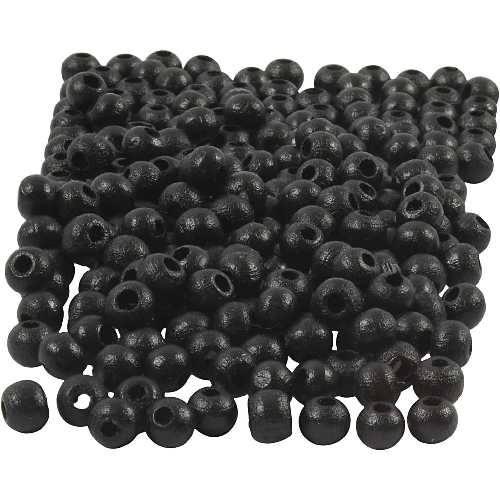 Perlas de madera, D: 5 mm, negro, 6 g, aprox. 180 unidades