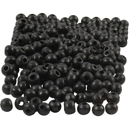 Perlas de madera, D: 5 mm, negro, 6 g, aprox. 180 unidades