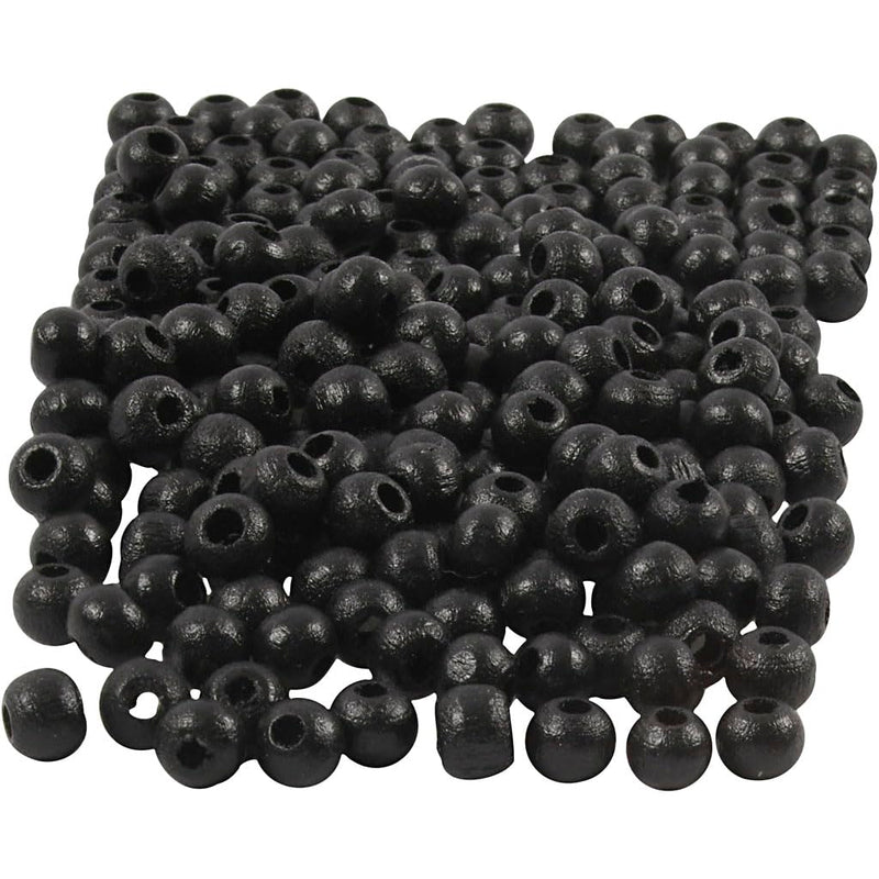 Perlas de madera, D: 5 mm, negro, 6 g, aprox. 180 unidades