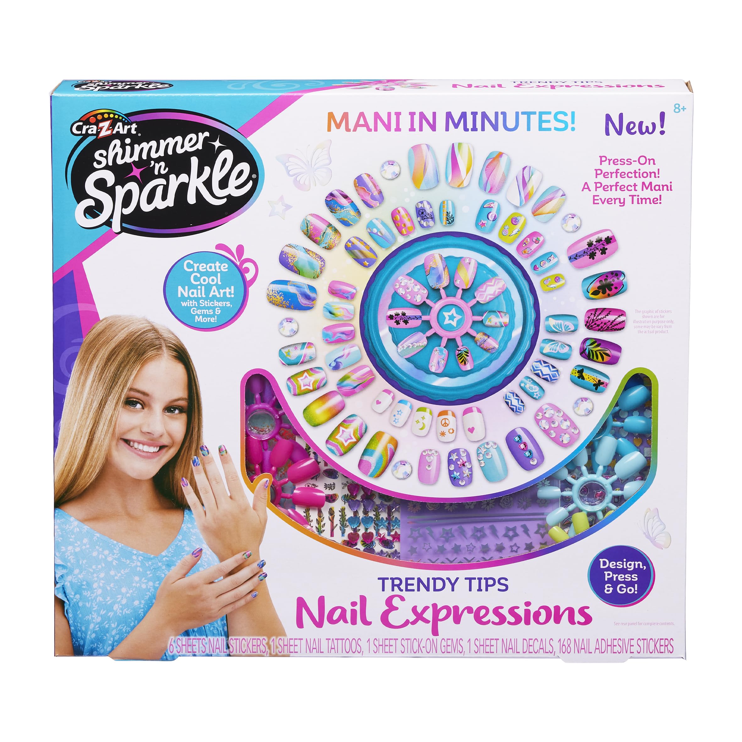 Shimmer & Sparkle 65610 Shimmer N Sparkle Trendy Tips Expressions Press on Nails with Stickers and gems, Multicolour