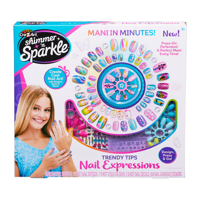 Shimmer & Sparkle 65610 Shimmer N Sparkle Trendy Tips Expressions Press on Nails with Stickers and gems, Multicolour