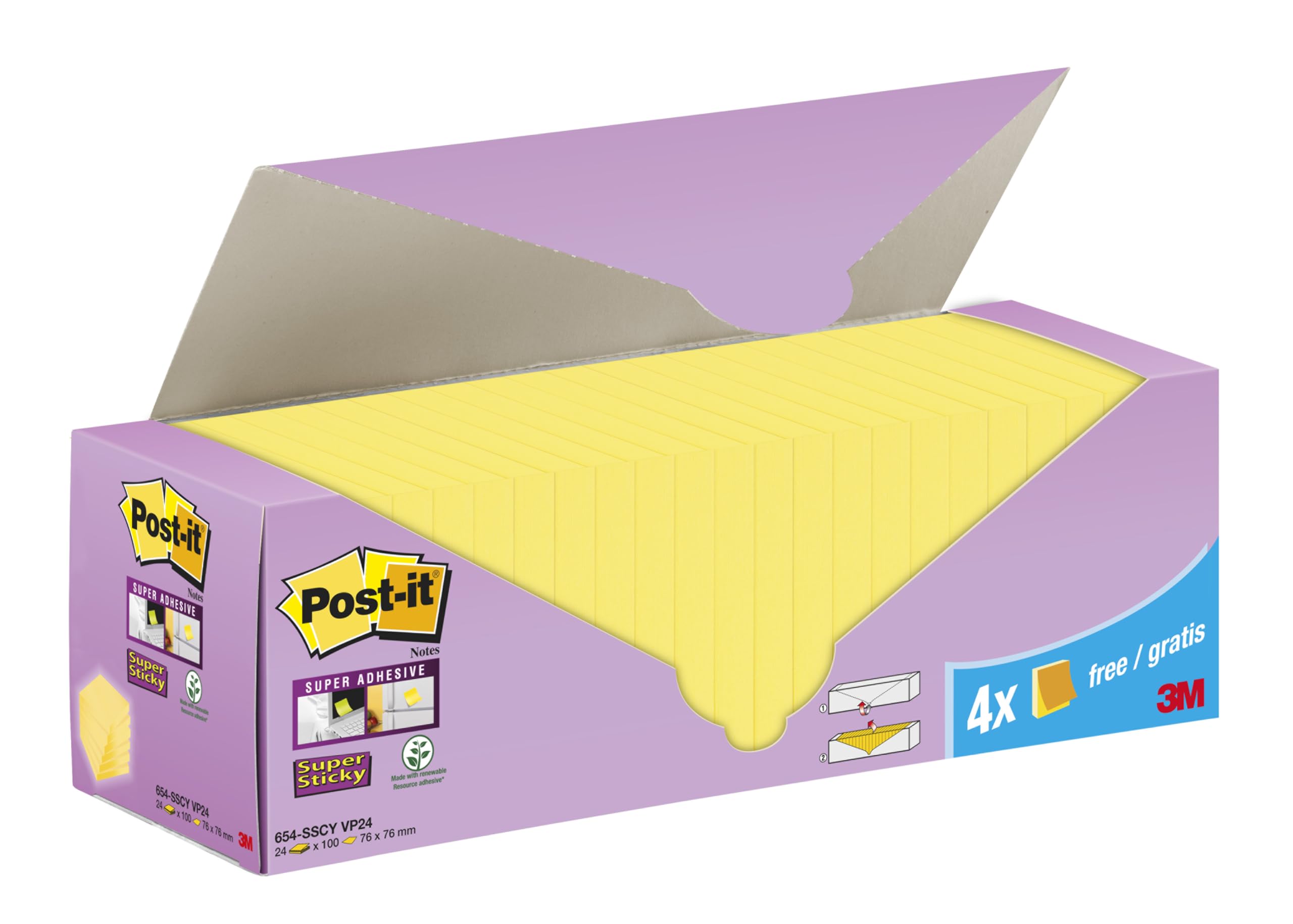 Post-it Super Sticky Notes, Canary Yellow, 76 mm x 76 mm, Promo Pack, 90 Sheets/Pad, 20 + 4 Free Pads/Pack, Cardboard Pack