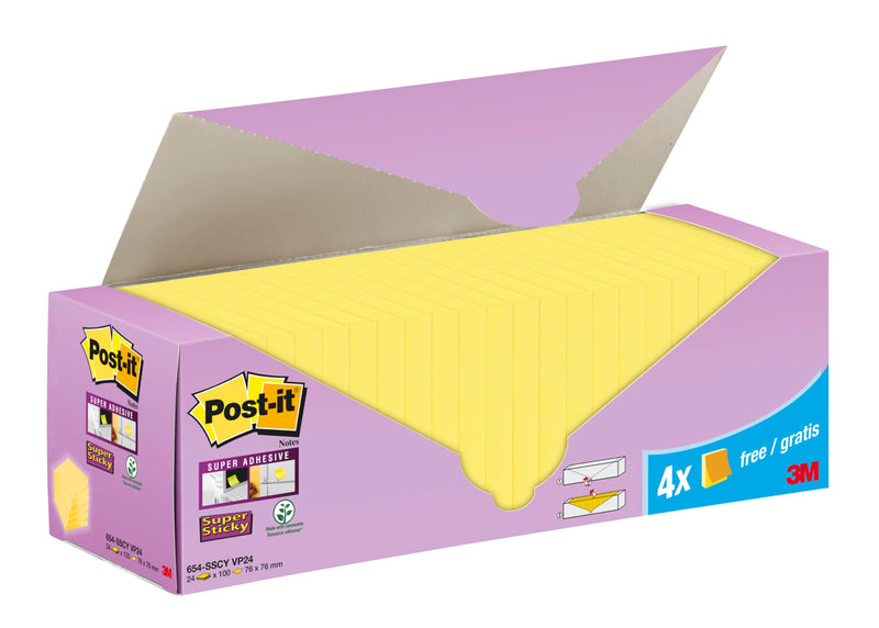 Post-it Super Sticky Notes, Canary Yellow, 76 mm x 76 mm, Promo Pack, 90 Sheets/Pad, 20 + 4 Free Pads/Pack, Cardboard Pack