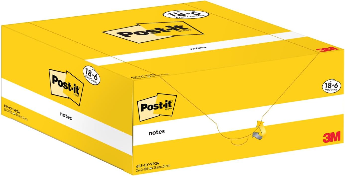 Post-it Foglietti Canary Yellow, Confezione da 18 blocchetti + 6 GRATIS, 100 Fogli per blocco, 38 mm x 51 mm, Colore Giallo - Foglietti Adesivi Fogli Adesivi per Appunti, Elenchi & Promemoria