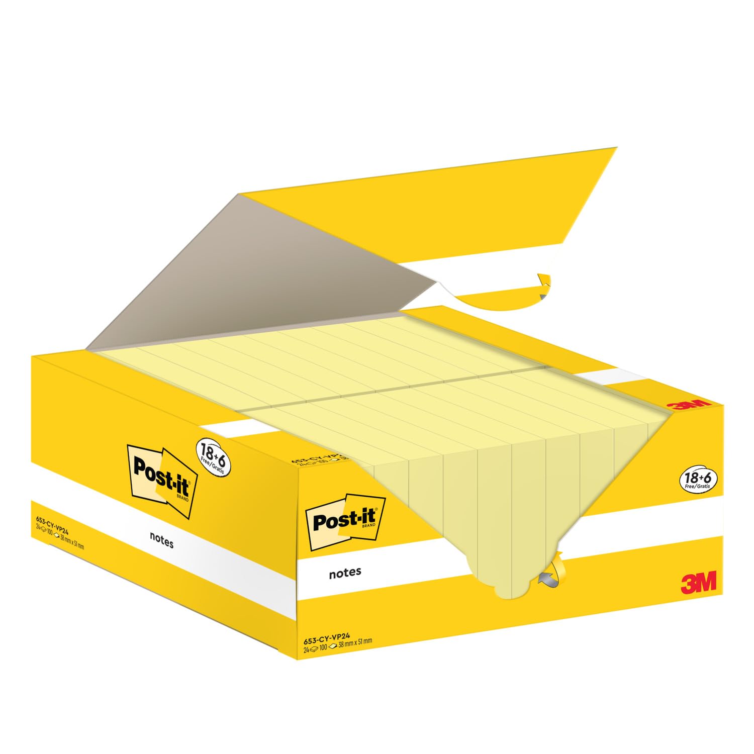 Post-it Foglietti Canary Yellow, Confezione da 18 blocchetti + 6 GRATIS, 100 Fogli per blocco, 38 mm x 51 mm, Colore Giallo - Foglietti Adesivi Fogli Adesivi per Appunti, Elenchi & Promemoria
