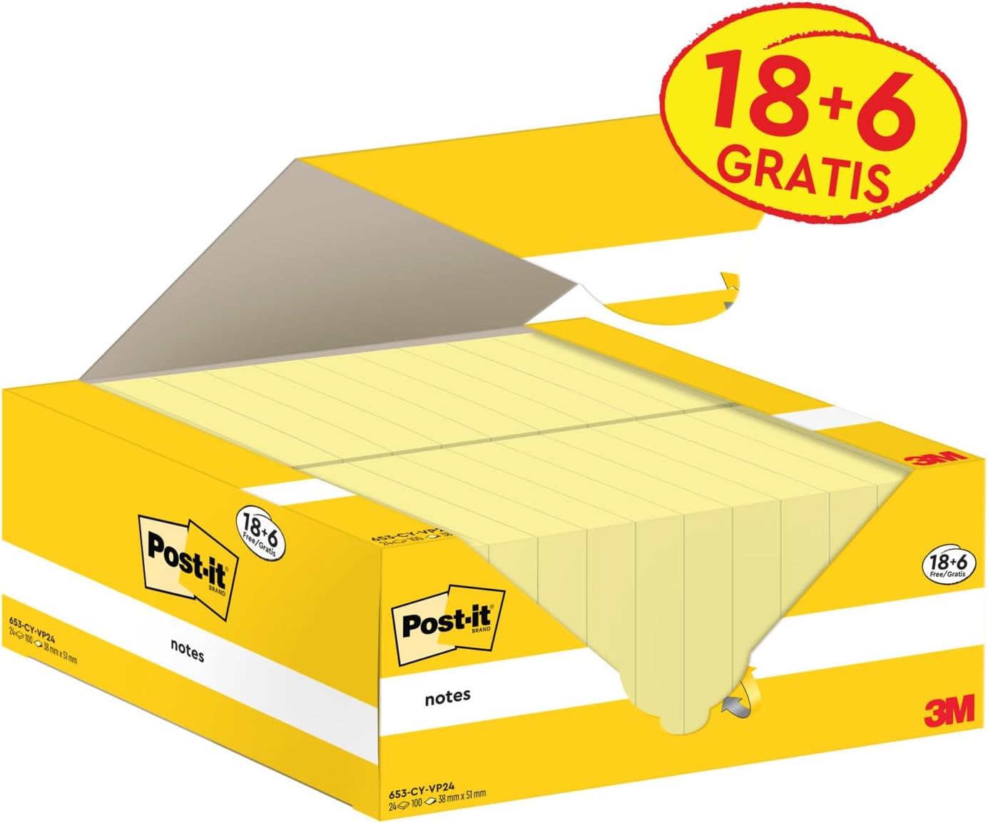 Post-it Foglietti Canary Yellow, Confezione da 18 blocchetti + 6 GRATIS, 100 Fogli per blocco, 38 mm x 51 mm, Colore Giallo - Foglietti Adesivi Fogli Adesivi per Appunti, Elenchi & Promemoria