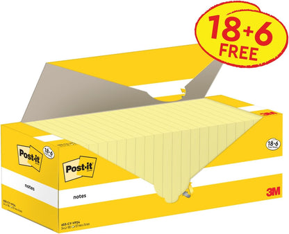 Post-it Notes Canary Yellow, Promo Pack 18 + 6 Free Pads, 100 Sheets per Pad, 76 mm x 127 mm, Yellow Color - Self-Stick Notes for Note Taking, to Do Lists & Reminders