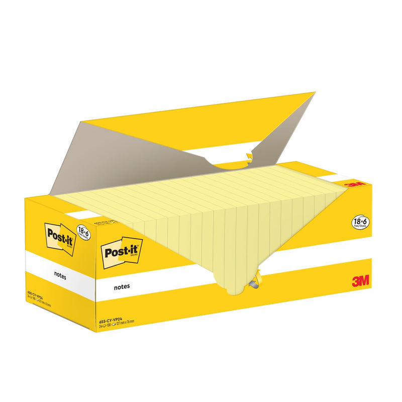 Post-it Notes Canary Yellow, Promo Pack 18 + 6 Free Pads, 100 Sheets per Pad, 76 mm x 127 mm, Yellow Color - Self-Stick Notes for Note Taking, to Do Lists & Reminders