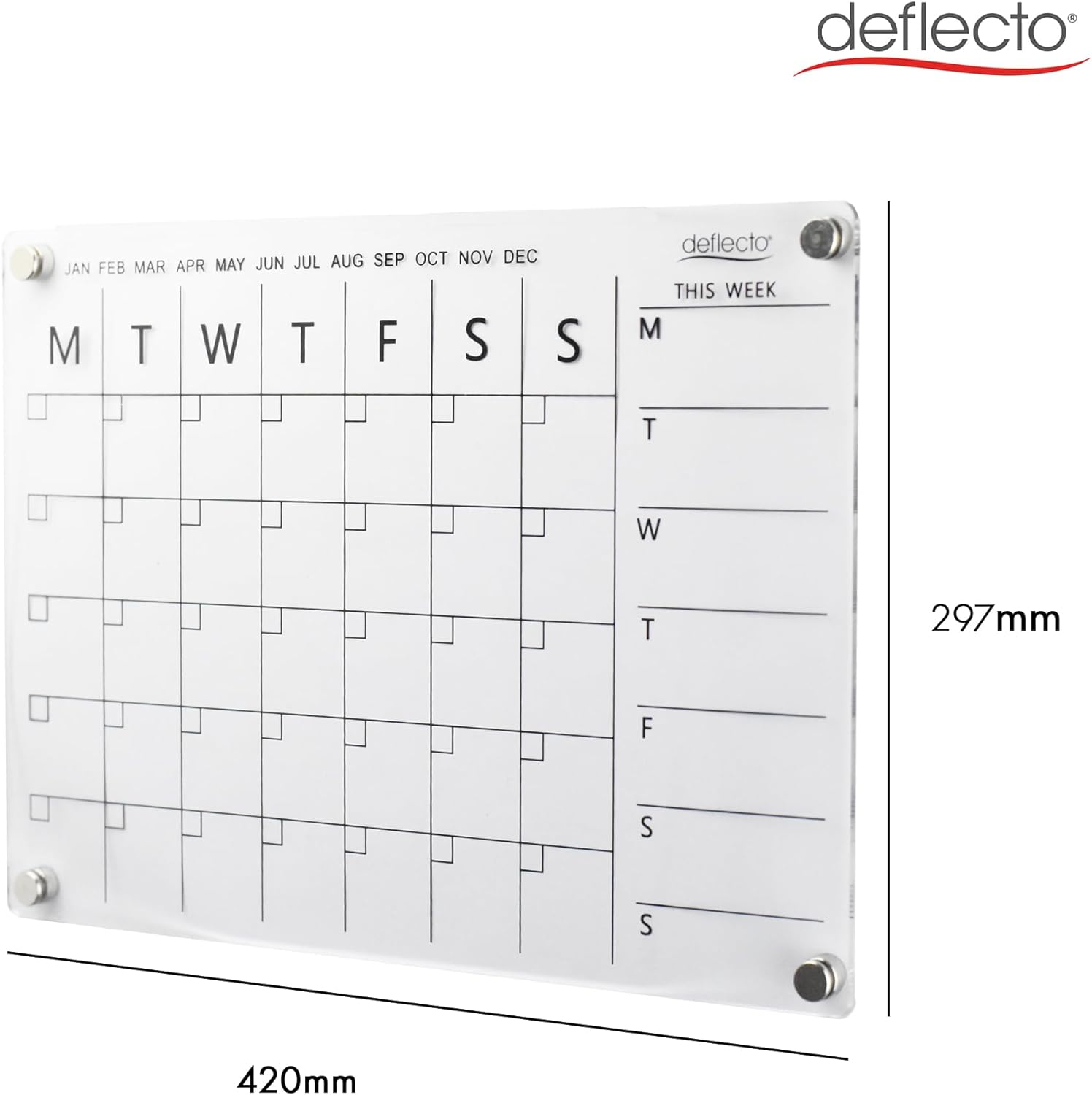 Deflecto A3 Acrylic Weekly/Monthly Planner Magnetic Mounting System 42cm x 29.7cm, ideal for Activities, Reminders, Homework, Meal Planning.