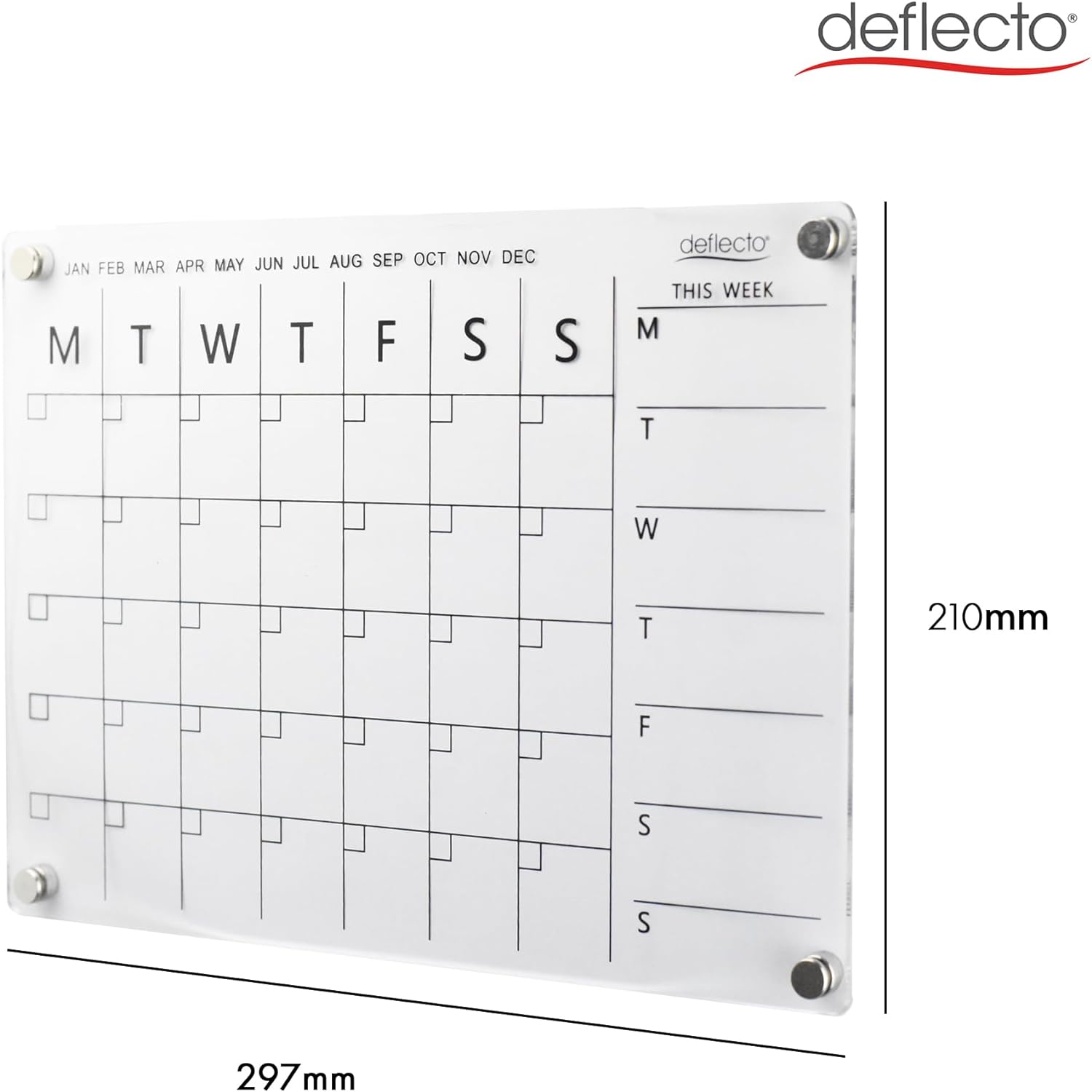 Deflecto A4 Acrylic Weekly/Monthly Planner Magnetic Mounting System 29.7cm x 21cm, ideal for Activities, Reminders, Homework, Meal Planning.