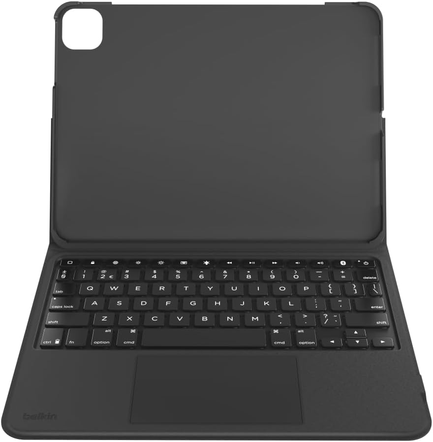 Belkin Funda con teclado para iPad de uso diario con soporte, teclado Bluetooth retroiluminado, controles multigestos, almacenamiento magnético para Apple Pencil QWERTY, teclas multimedia para iPad