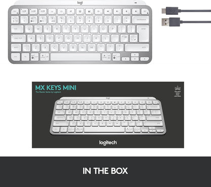 Logitech MX Keys Mini Minimalist Wireless Illuminated Keyboard, Compact, Bluetooth, Backlight, USB-C, Compatible with Apple MacOS, iOS, Windows, Linux, Android, Metal, Light Gray, QWERTY