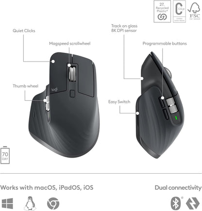 Logitech MX Keys S COMBO - Performance Wireless Keyboard and Mouse with Palm Rest, Customisable Illumination, Fast Scrolling, Bluetooth, USB C, Windows, Linux, Chrome, Mac, QWERTY UK Layout