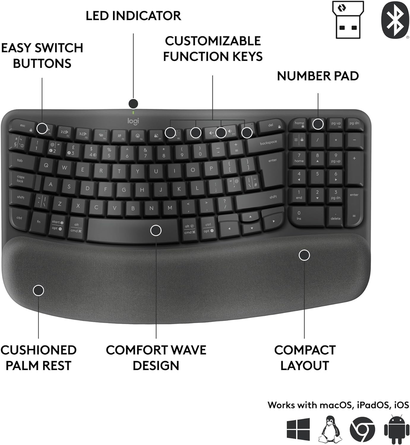 Logitech Wave Keys for Business, Wireless Ergonomic Keyboard with Cushioned Palm Rest, Secure Logi Bolt Technology, Bluetooth, Compatible with Windows/Mac/Chrome/Linux - Graphite