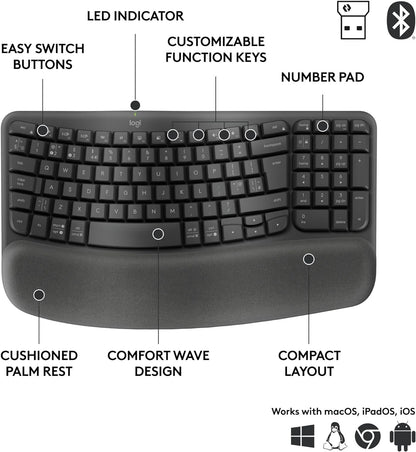 Logitech Wave Keys for Business, Wireless Ergonomic Keyboard with Cushioned Palm Rest, Secure Logi Bolt Technology, Bluetooth, Compatible with Windows/Mac/Chrome/Linux - Graphite