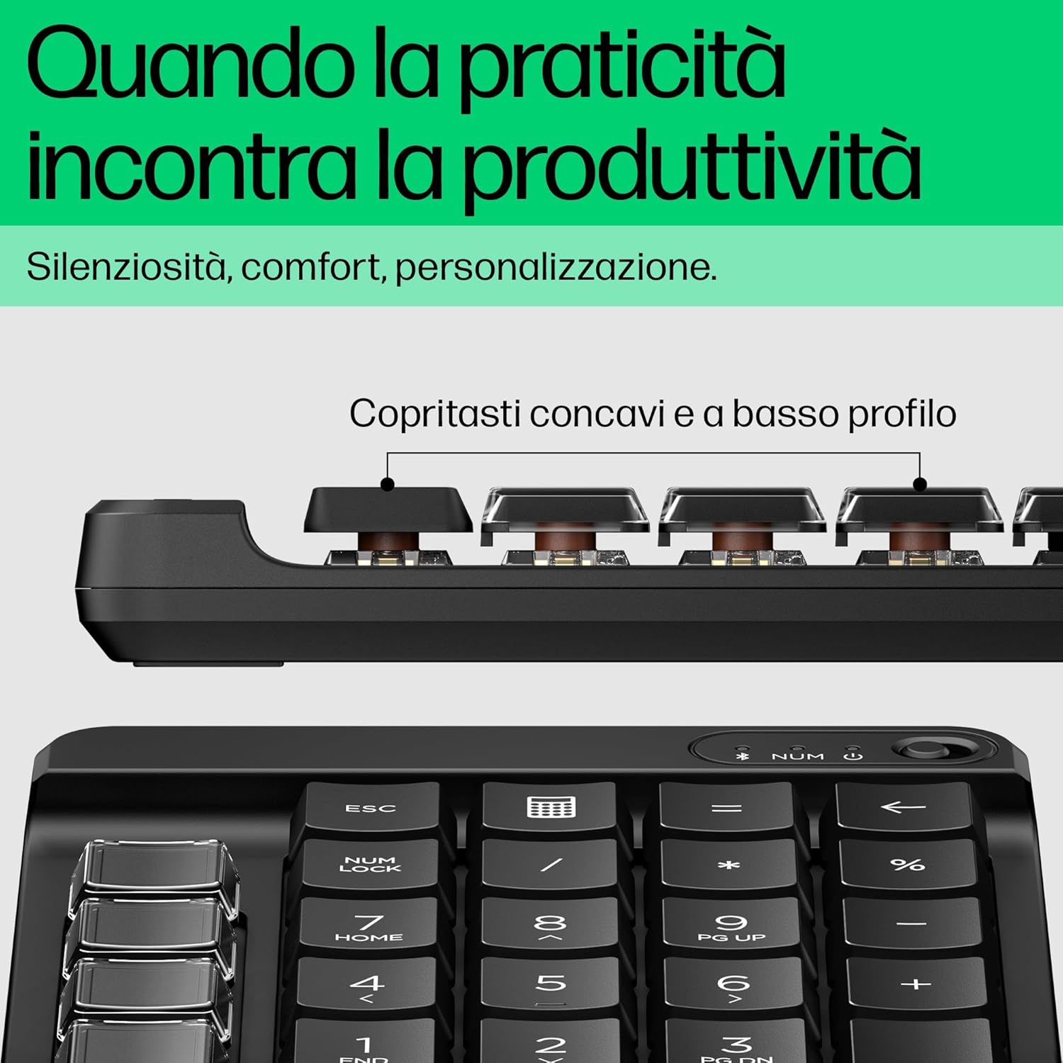 HP 430 Programmable Wireless Keypad - Compatible with Chrome, PC or Mac - Bluetooth - Mechanical Keys - Swappable Keycaps - 9 Programmable Keys - Spill Resistant - Up to 24 Months Battery - Black