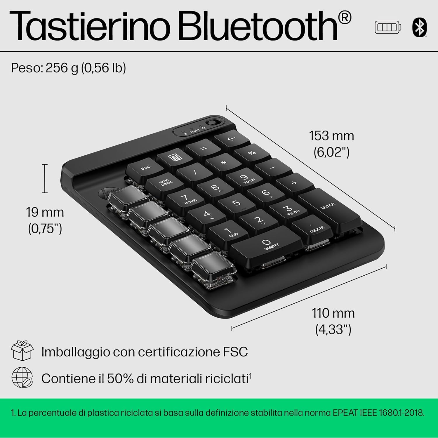 HP 430 Programmable Wireless Keypad - Compatible with Chrome, PC or Mac - Bluetooth - Mechanical Keys - Swappable Keycaps - 9 Programmable Keys - Spill Resistant - Up to 24 Months Battery - Black