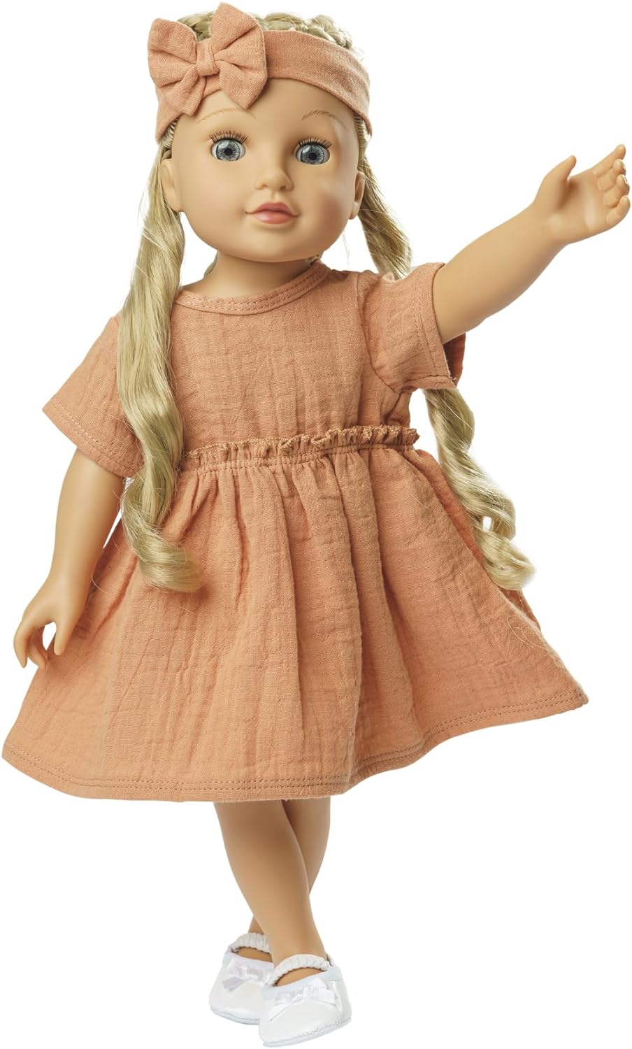 Heless 1425-Ropa algodón 100% orgánico, Juego de 2 Piezas con Vestido y Cinta para el Pelo Caramelo para muñecas y Peluches de tamaño 28-35 cm, sólido, Color Brown (1425