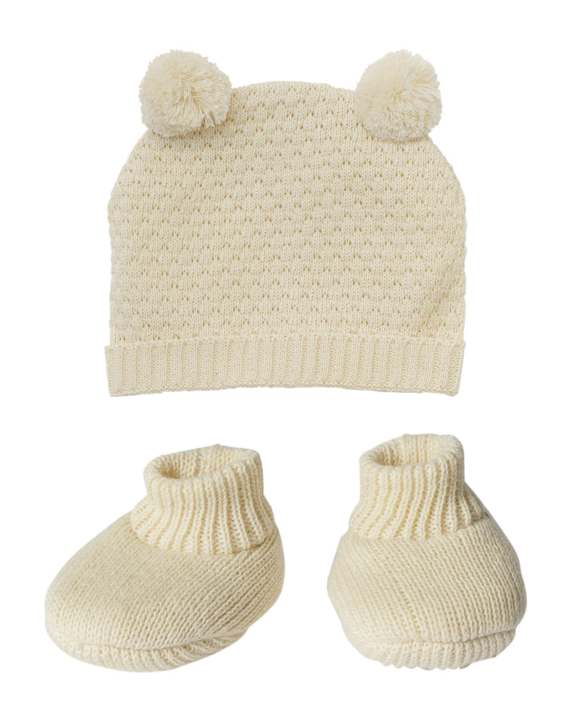 Heless 4801-Ropa algodón 100% orgánico, Juego 2 Piezas con Gorro y Zapatos de Punto Crudo para muñecas y Peluches de tamaño 28-35 cm, Color Beige (4801