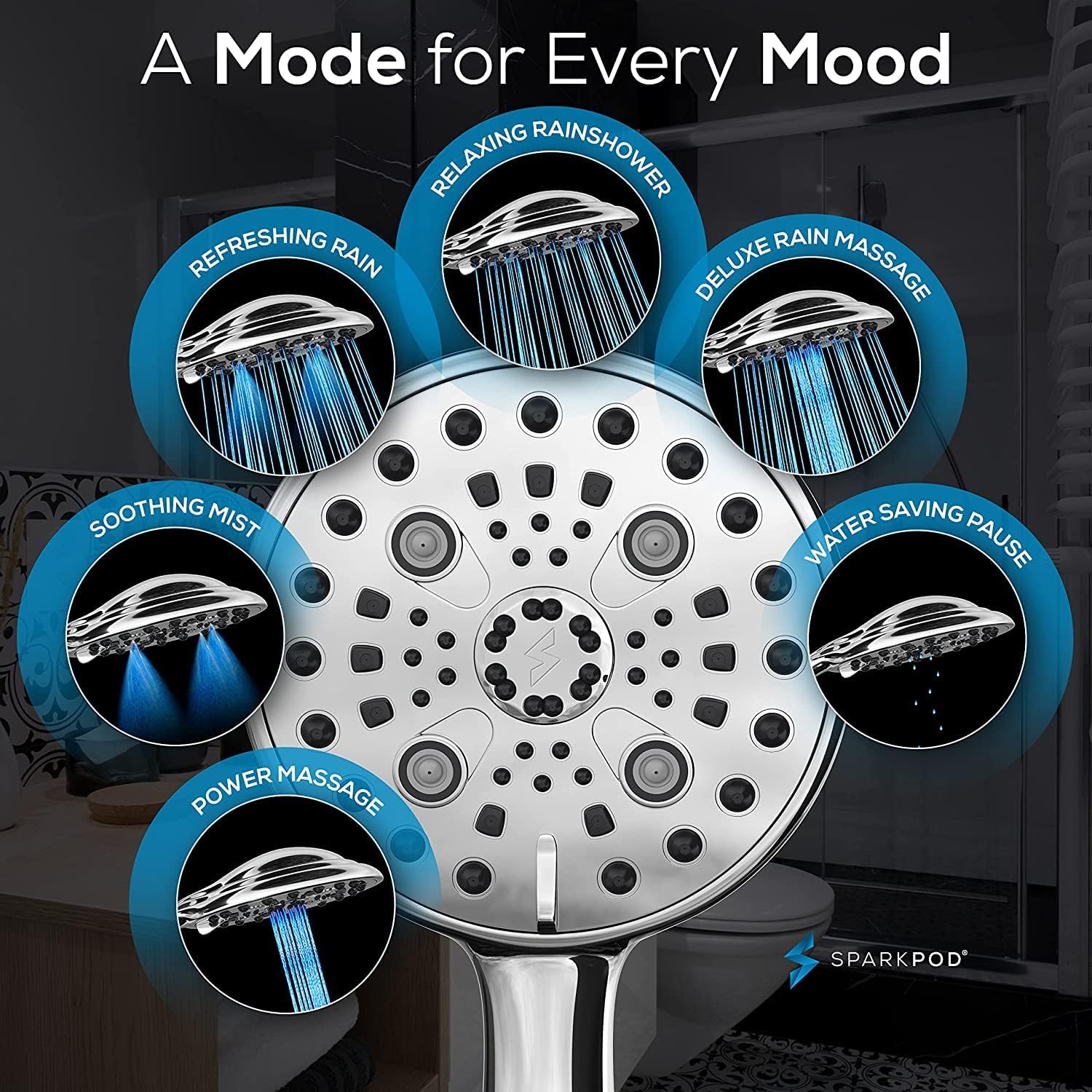 SparkPod 6 Function High Pressure Handheld Shower Head Chrom