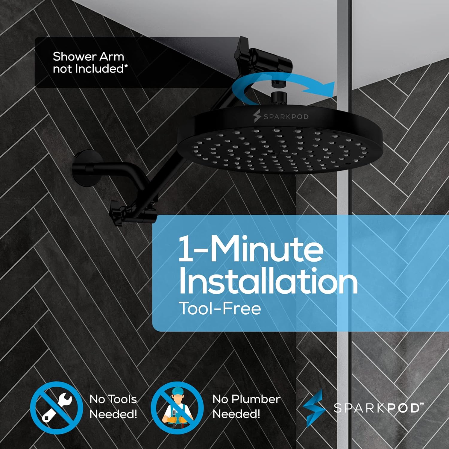 SparkPod Fixed Shower Head 20 cm Round Matte Black