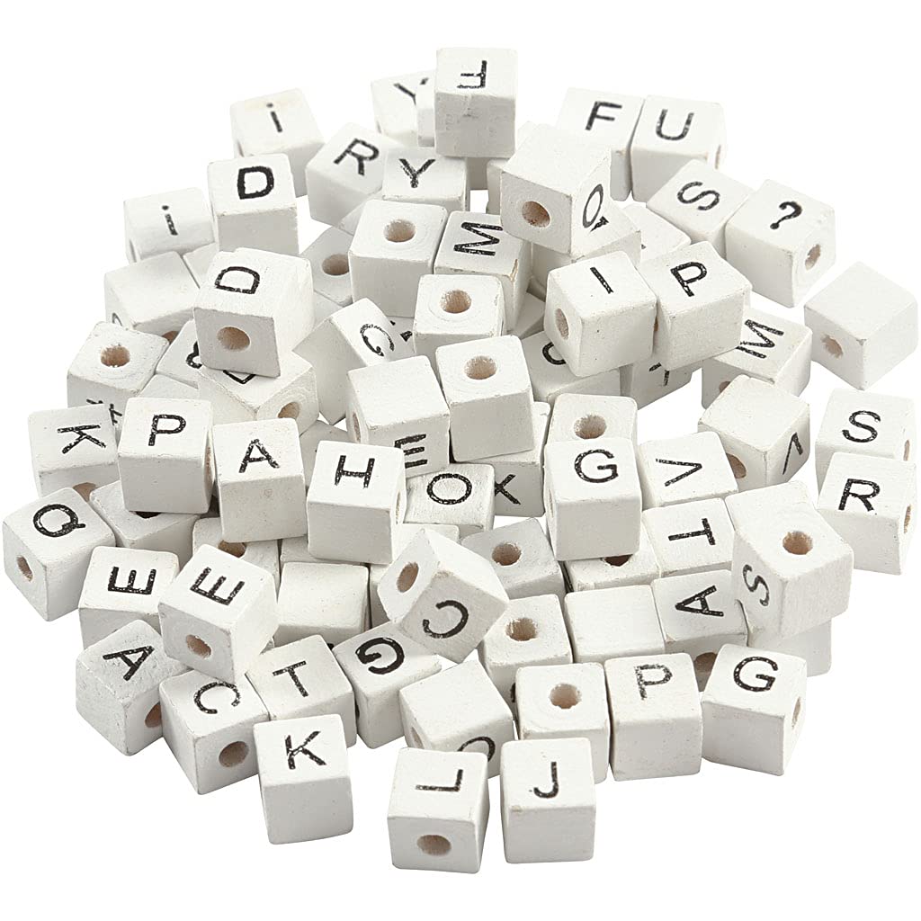 Letter Beads, size 8x8 mm, hole size 3 mm, white, grass tree, A-Z, &, #, ?, 96asstd