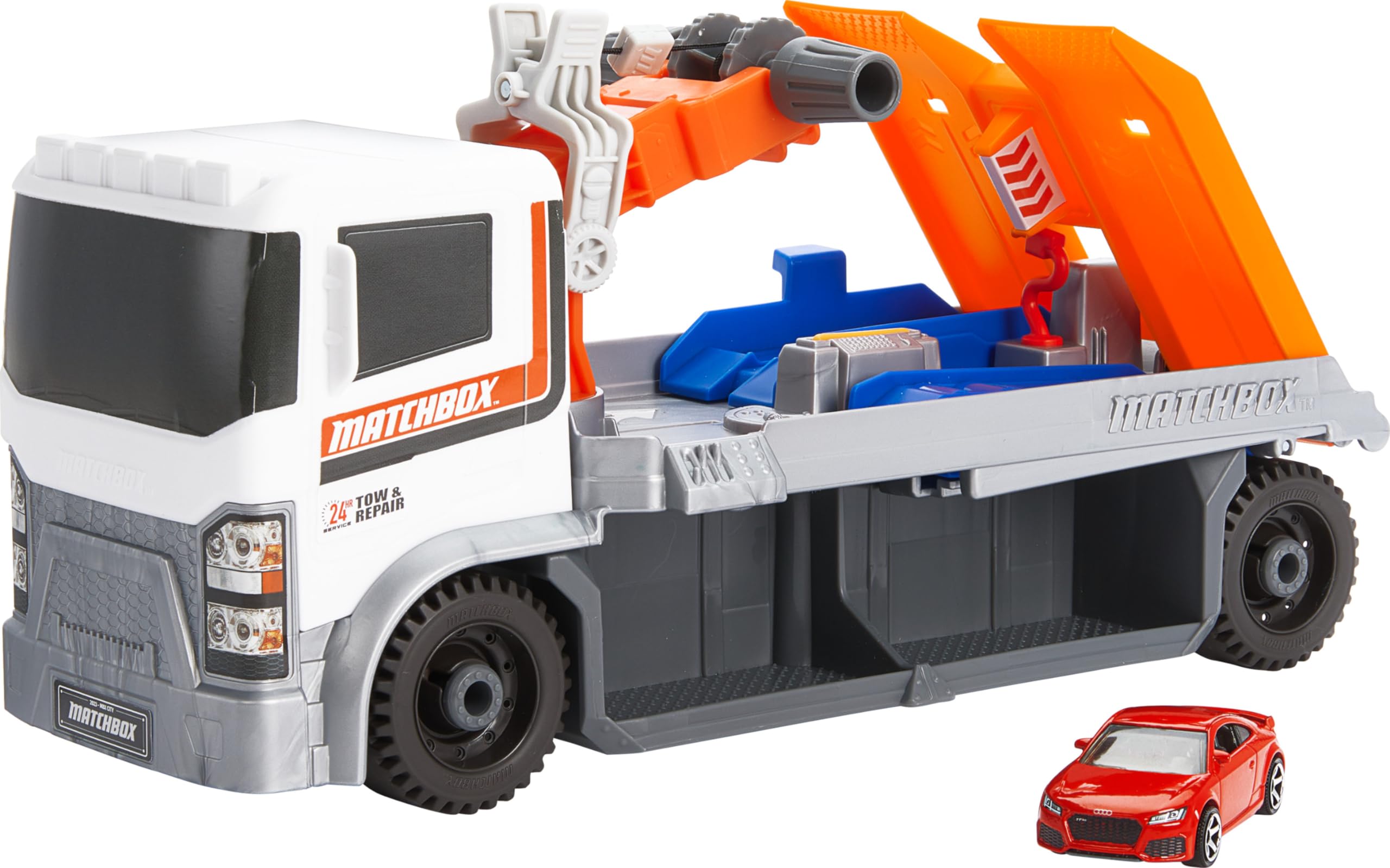 Matchbox auto's en speelset, Actiechauffeurs Reparatie- en Takelwagen met speelgoedauto Audi TT RS Coupe op een schaal van 1:64, werkende kraan en diagnostiek, HRY43