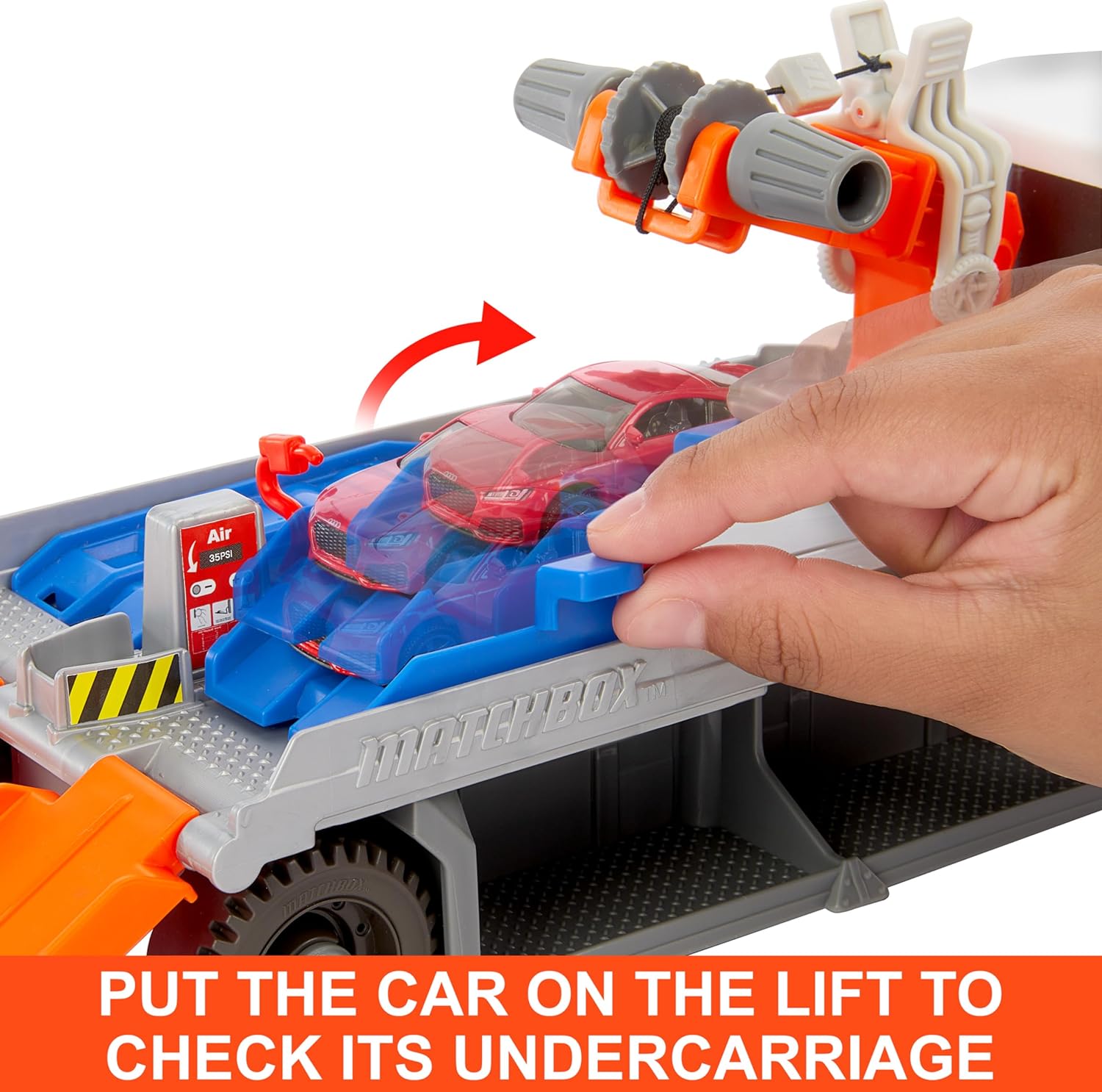 Matchbox auto's en speelset, Actiechauffeurs Reparatie- en Takelwagen met speelgoedauto Audi TT RS Coupe op een schaal van 1:64, werkende kraan en diagnostiek, HRY43