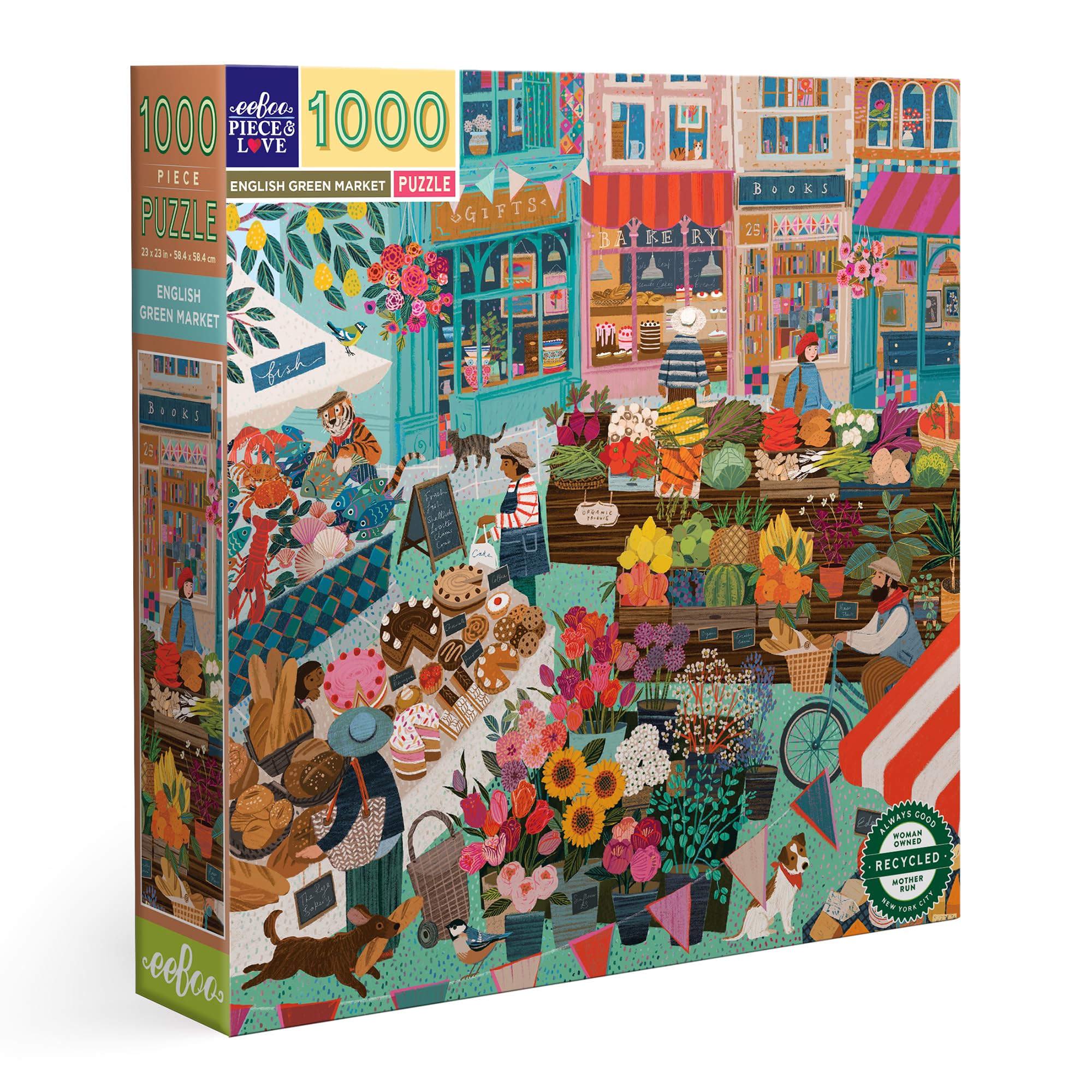 eeBoo English Green Market 1000 Teile aus recyceltem Karton-Buntes Puzzle auf dem Dorfmarkt-PZTEGM, grün